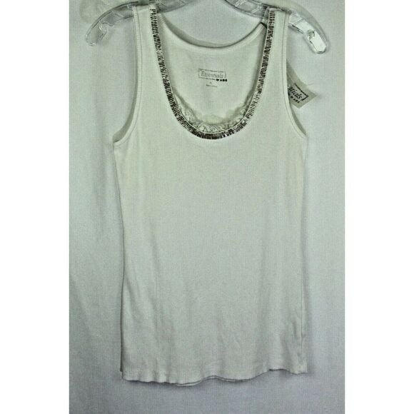 ABS Essentials Top XL White Ribbed Tank Beaded Bugle Beads Embellished Women New - Picture 1 of 7